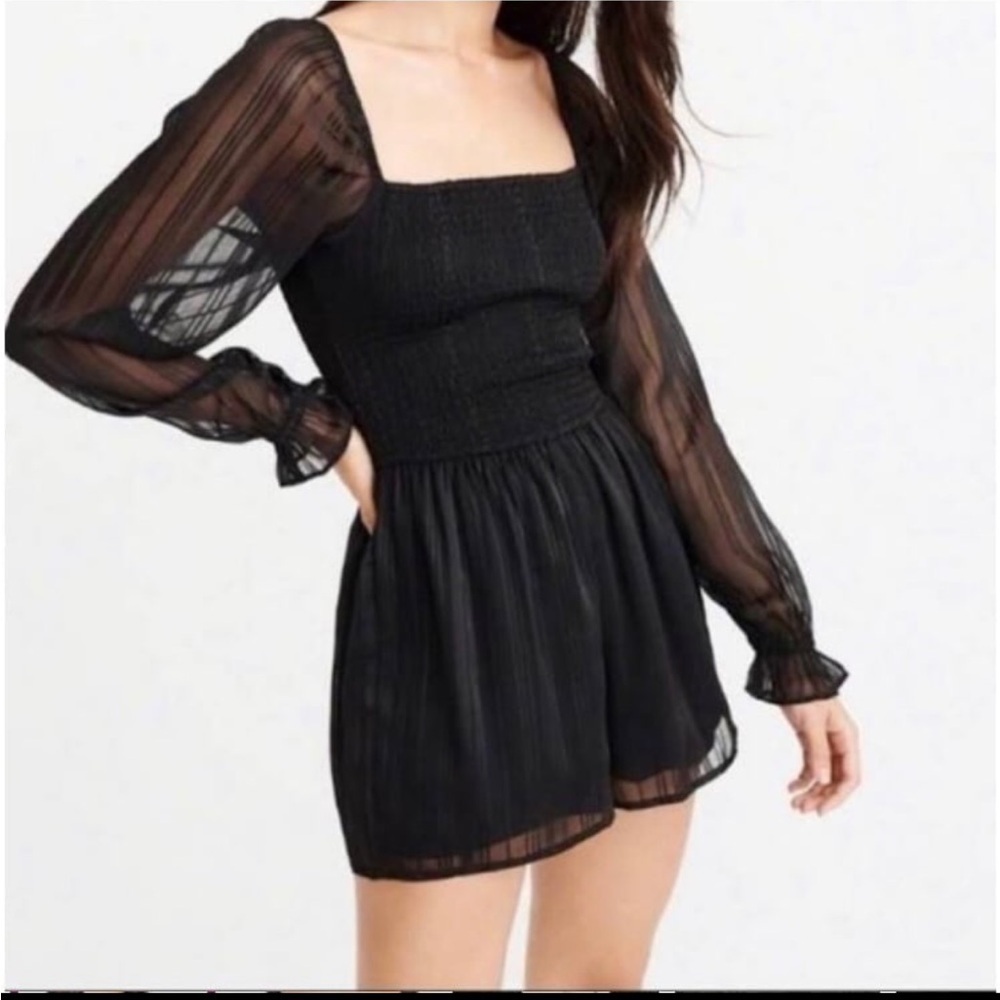 Abercrombie & Fitch Smocked Long-Sleeve Black Romper